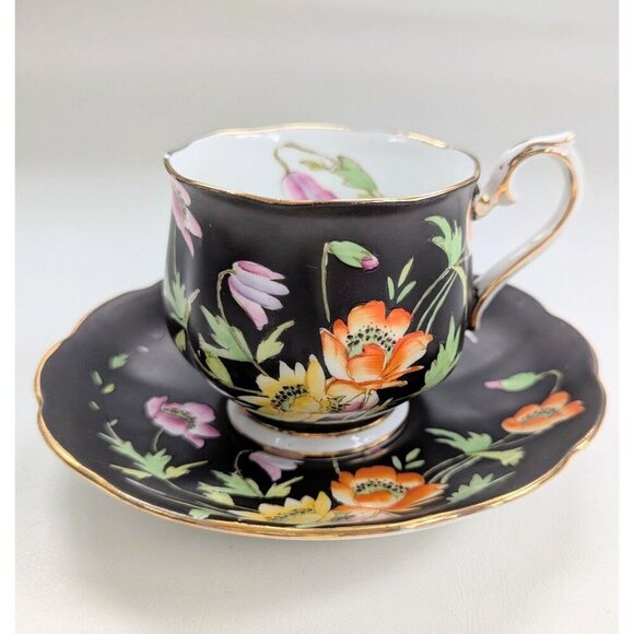 Royal Albert 'Gloria' Vintage English Floral Teacup And Saucer Hand Painted Blk - Picture 1 of 7